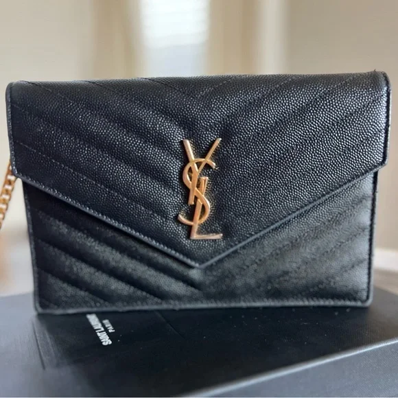 SAINT LAURENT MATELASSE CHAIN WALLET with gold chain